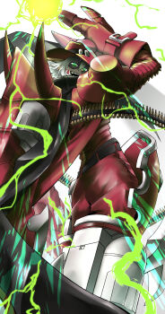 Rule 34 | 1boy, coat, digimon, digimon (creature), electricity, fewer digits, from behind, gloves, green eyes, grey hair, hat, highres, jiyuuya, looking at viewer, looking back, magazine (weapon), magnakidmon, male focus, red coat, red gloves, red hat, sharp teeth, short hair, solo, teeth, white background