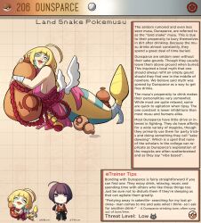 Rule 34 | 1boy, 1girl, ahoge, alcohol, artist name, black hair, blonde hair, bottle, breasts, brown background, character name, character profile, closed eyes, commentary, creatures (company), dunsparce, english commentary, english text, facial mark, fangs, feathered wings, feathers, game freak, gen 2 pokemon, highres, huge ahoge, japanese clothes, kinkymation, lamia, large breasts, long hair, low wings, monster girl, nintendo, open mouth, personification, plump, poke ball, poke ball (basic), pokemon, sake, sake bottle, sideboob, uncensored, white feathers, white wings, wide hips, wings