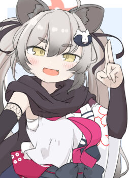 1girl :d ahoge animal_ear_fluff animal_ears black_sleeves blue_archive blue_background blush border brown_eyes commentary_request detached_sleeves fang grey_hair hair_between_eyes halo highres long_hair long_sleeves looking_at_viewer michiru_(blue_archive) miranofuudoria open_mouth raccoon_ears sarashi shirt short_eyebrows smile solo thick_eyebrows very_long_hair white_border white_shirt