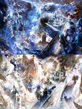 Rule 34 | 1girl, 3boys, :d, apple hair ornament, ascot, black sapphire cookie, blonde hair, blue dress, blue hair, blue skin, candy apple cookie, candy apple hair ornament, colored skin, cookie run, cookie run: kingdom, crown hat, dress, facial mark, flower, food-themed hair ornament, forehead mark, hair ornament, hand on own chest, hat, heterochromia, highres, holding, holding staff, humanization, long hair, long sleeves, looking at another, male focus, multicolored hair, multiple boys, open mouth, painting (object), pcacao, pointy hat, pure vanilla cookie, railing, robe, rose, shadow milk cookie, short hair, smile, staff, stairs, two-tone hair, white flower, white hat, white robe, white rose