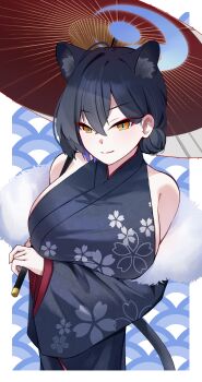 1girl absurdres adapted_costume animal_ears black_hair black_kimono blue_archive blue_halo breasts commentary_request detached_sleeves extra_ears eyeshadow floral_print furisode hair_bun halo highres holding holding_umbrella huge_breasts japanese_clothes kaguya_(blue_archive) kimono makeup oil-paper_umbrella panther_ears panther_girl panther_tail red_eyeshadow sideboob single_hair_bun smile solo tail takataku umbrella yellow_eyes