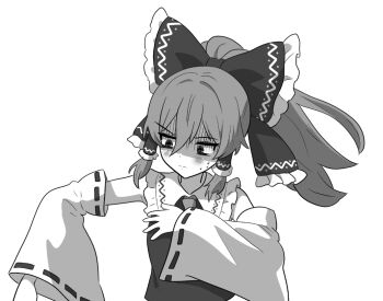 1girl alternate_costume ascot blush bow commentary cosplay detached_sleeves frilled_bow frilled_hair_tubes frills greyscale hair_bow hair_tubes hakurei_reimu hakurei_reimu_(cosplay) long_hair lunalunachild miyadeguchi_mizuchi monochrome ponytail ribbon-trimmed_sleeves ribbon_trim solo sweat touhou