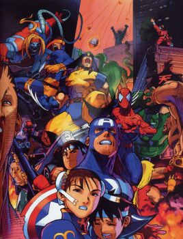 Rule 34 | 2girls, 6+boys, akuma (street fighter), bengus, blackheart (marvel), blue sailor collar, bodysuit, bruce banner, capcom, captain america, chun-li, company connection, crossover, cyclops (x-men), dhalsim, everyone, hibiki dan, highres, hulk, jewelry, kasugano sakura, ken masters, m. bison, marvel, marvel super heroes vs. street fighter, marvel vs. capcom, multiple boys, multiple girls, necklace, norimaro, omega red, ryu (street fighter), sailor collar, shuma gorath, skull necklace, spider-man, spider-man (series), steve rogers, street fighter, united states, wolverine (x-men), x-men, zangief