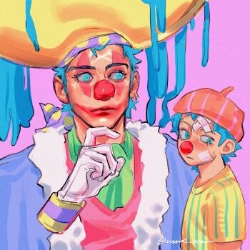 2boys ascot bandage_on_face bandages blue_eyes blue_hair buggy_the_clown clown clown_nose commentary_request earrings eyelashes facepaint gloves green_ascot hat highres jewelry male_focus multiple_boys multiple_views one_piece one_piece_(live_action) pastel_colors pink_background red_nose tears thinking vamos_mk white_gloves yellow_hat