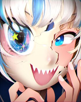 Rule 34 | 1girl, absurdres, blonde hair, blue eyes, blue hair, broken mask, commentary, cracked kawaii mask, cracked mask, english commentary, gawr gura, highres, hololive, hololive english, indie virtual youtuber, khyle., looking at viewer, mask, multicolored hair, open mouth, sameko saba, senzawa, sharp teeth, smile, solo, streaked hair, teeth, virtual youtuber