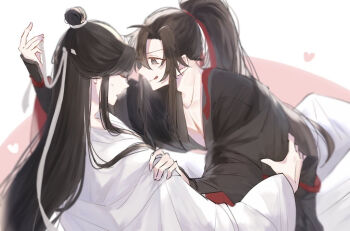 2boys ahoge bishounen black_hair black_hanfu breath chinese_clothes closed_eyes commentary_request couple grey_eyes hair_ribbon hand_on_another's_shoulder hanfu headband heart high_ponytail holding holding_ribbon lan_wangji licking_lips long_hair long_sleeves looking_at_another male_focus modao_zushi multiple_boys nekohashi_ru pectoral_cleavage pectorals ponytail red_ribbon ribbon robe sidelocks sitting sitting_on_lap sitting_on_person smile straddling sweatdrop tongue tongue_out topknot wei_wuxian white_background white_hanfu white_headband white_ribbon wide_sleeves yaoi