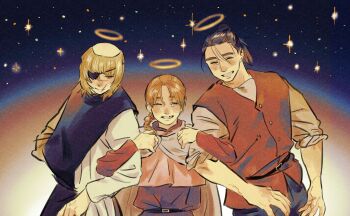 Rule 34 | 1girl, 2boys, badeni, black hair, black tabard, blonde hair, braid, capelet, chi.: chikyuu no undou ni tsuite, cloak, closed mouth, commentary request, dej2ci, eyepatch, grin, hair bun, halo, hand in pocket, highres, holding another's arm, jolenta, light smile, locked arms, medium hair, missing tooth, multiple boys, navel hair, oczy, parted bangs, pink capelet, red eyes, robe, scar, scar on face, scar on mouth, scar on nose, shirt, single braid, sleeves rolled up, smile, star (sky), starry sky background, tabard, teeth, tonsure, traditional halo, updo, upper body, white cloak, white robe, white shirt