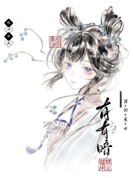 1girl absurdres black_hair blue_eyes chinese_clothes chinese_text commentary dress expressionless from_side hair_ornament hair_rings highres looking_at_viewer original solo symbol-only_commentary upper_body white_background yoyouan