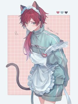 Rule 34 | 1boy, alternate costume, animal ears, apron, aqua jacket, aqua shorts, arms behind back, blush, cat ears, cat tail, closed mouth, commentary, gradient hair, green eyes, grid background, hair between eyes, heart, high collar, highres, jacket, jersey maid, kemonomimi mode, lauren iroas, long hair, long sleeves, looking at viewer, maid, maid apron, maid headdress, male focus, multicolored hair, nijisanji, ponytail, red hair, ruka1 126, shorts, side ponytail, solo, sweatdrop, tail, unconventional maid, virtual youtuber