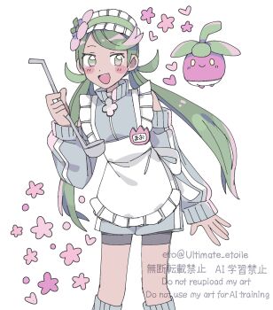 1girl :d alternate_costume apron bounsweet dark-skinned_female dark_skin detached_sleeves flower frilled_apron frills gen_7_pokemon green_eyes green_hair grey_jacket grey_socks hair_flower hair_ornament highres jacket long_hair looking_at_viewer maid_headdress mallow_(pokemon) nintendo open_mouth pink_flower pokemon pokemon_(creature) pokemon_sm remoooon simple_background smile socks soup_ladle standing swept_bangs twintails upper_body white_apron white_background yellow_eyes