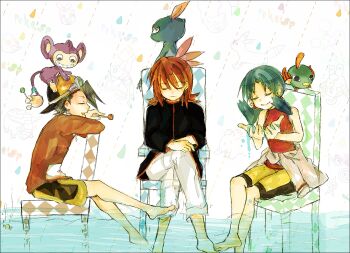 1girl 2boys aipom backwards_hat barefoot baseball_cap bird black_hair brown_hair candy chair closed_eyes clothes_around_waist crossed_legs cupping_hands dripping ethan_(pokemon) feathers feet food from_side gen_2_pokemon grin hands_up hat holding holding_candy holding_food holding_lollipop holding_water jacket jacket_around_waist kris_(pokemon) lollipop long_sleeves monkey multiple_boys natu nintendo on_head open_mouth own_hands_together pants pants_rolled_up pika_831 pokemon pokemon_(creature) pokemon_adventures pokemon_on_head red_feathers red_hair red_shirt red_tank_top shirt short_hair shorts silver_(pokemon) sitting sleeveless smile sneasel soaking_feet tank_top twintails wading water yellow_shorts