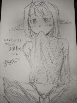 1boy arms_behind_back bare_shoulders blush chastity_cage chastity_cage_strap clothes_pull commentary_request cowboy_shot dated detached_sleeves flat_chastity_cage furrowed_brow good_flat_chastity_cage_day greyscale hair_intakes highres male_focus medium_hair monochrome mouth_hold original photo_(medium) pointy_ears r18mrnhtr shirt shorts shorts_pull sidelocks signature sitting sketch small_chastity_cage solo spread_legs testicles tissue traditional_media trap turtleneck white_background wide_spread_legs