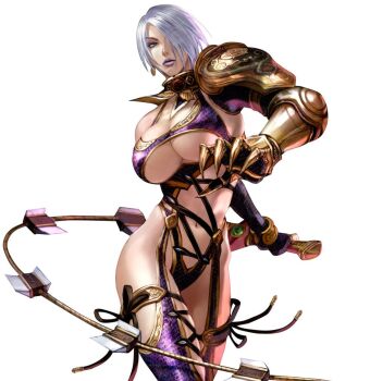 1girl blue_eyes breasts cleavage female_focus gauntlets high_heels huge_breasts isabella_valentine kawano_takuji lips looking_at_viewer namco official_art revealing_clothes simple_background solo soul_calibur soulcalibur soulcalibur_iv sword underboob weapon whip whip_sword white_background white_hair