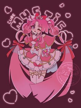 1girl ;p back_bow bare_shoulders blue_bow blunt_bangs blunt_ends blush bow braid brooch character_name closed_mouth commentary cropped_legs cure_mystique dark_background dress earrings english_text fingerless_gloves fingernails glove_bow gloves gold_trim hair_bow hair_ornament hand_on_own_face heart heart_brooch highres impossible_hair jewelry kobayashi_mikuru layered_dress legs_together long_hair looking_at_viewer magical_girl medium_dress meitantei_precure! off-shoulder_dress off_shoulder one_eye_closed pact_holder parted_bangs pink_background pink_bow pink_dress pink_gloves pink_hair pink_theme pink_thighhighs pleated_dress pouch precure puni2_kuru2 purple_eyes red_bow sidelocks solo spread_fingers thick_eyebrows thighhighs tongue tongue_out twin_braids v v_over_mouth very_long_hair watermark wing_hair_ornament