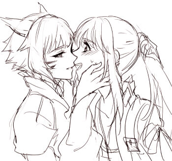 2girls animal_ears bamboo9545 blush cat_ears commentary_request facial_mark final_fantasy final_fantasy_xiv greyscale hand_on_another&#039;s_face hume jacket long_hair long_sleeves looking_at_another lyse_hext miqo&#039;te monochrome multiple_girls ponytail smile sweatdrop upper_body whisker_markings y&#039;shtola_rhul yuri