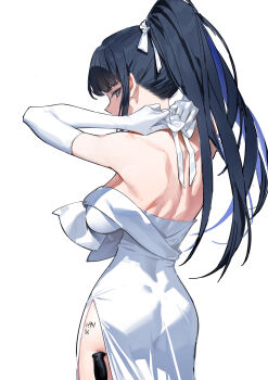 1girl absurdres adjusting_collar black_eyes black_hair blue_archive breasts cowboy_shot dress elbow_gloves from_behind gloves han-0v0 highres large_breasts long_hair ponytail saori_(blue_archive) saori_(dress)_(blue_archive) simple_background solo standing strapless strapless_dress white_background white_dress white_gloves