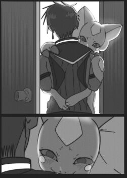 1boy blush carrying couple dan_de_lion digimon digimon_(creature) elizamon embarrassed highres imminent_penetration leg_lock looking_at_viewer owen_dreadnought smile