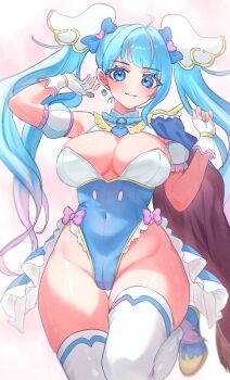 1girl absurdres adapted_costume age_switch aged_down aged_up blue_eyes blue_hair blush breasts cleavage cure_sky highleg highleg_leotard highres hirogaru_sky!_precure large_breasts leotard leotard_under_clothes long_hair precure sadukitsune sora_harewataru thighhighs twintails