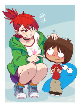 1girl 2boys age_difference biting_own_lip black_choker blooregard_q_kazoo blush breasts brown_eyes brown_hair choker commentary ear_piercing english_commentary foster's_home_for_imaginary_friends frankie_foster galois green_hoodie hair_ornament hairclip hand_on_another's_head highres hood hoodie index_fingers_together mac_(foster's) medium_breasts miniskirt multiple_boys nervous onee-shota orange_shirt piercing pointing purple_skirt shirt shoes short_hair skirt sneakers squatting trembling wavy_mouth