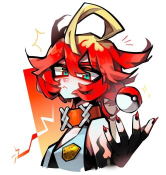 Rule 34 | 1girl, ahoge, aqua eyes, blonde hair, collar, fingernails, highres, holding, holding poke ball, long fingernails, mela (pokemon), multicolored hair, nintendo, poke ball, pokemon, pokemon sv, red hair, two-tone hair, zukich