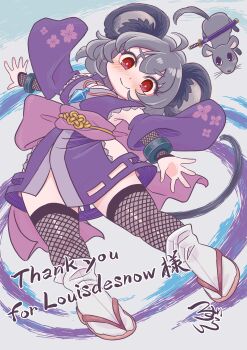 1girl absurdres alternate_costume animal_ear_fluff animal_ears blush breasts cleavage closed_mouth commentary commission commissioner_name detached_sleeves english_commentary fishnet_thighhighs fishnets floral_print floral_print_kimono full_body grey_hair highres japanese_clothes jewelry kimono looking_at_viewer medium_breasts mouse_(animal) mouse_ears mouse_girl mouse_tail nazrin necklace ninja obi obijime pendant print_kimono purple_kimono red_eyes sandals sash second-party_source signature skeb_commission smile solo tail thighhighs touhou tsuzuchii wide_sleeves
