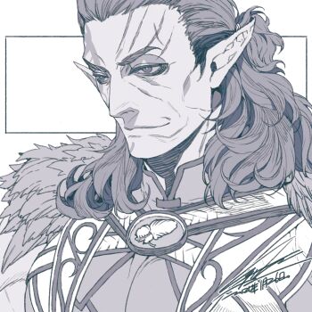 Rule 34 | 1boy, baldur's gate, baldur's gate 3, cloak, closed mouth, dated, dungeons & dragons, dungeons &amp; dragons, fur-trimmed cloak, fur trim, greyscale, hair pulled back, halsin, hiryuu (kugelcruor), male focus, mature male, medium hair, monochrome, pointy ears, ponytail, scar, scar on face, scar on forehead, short ponytail, signature, smile, solo, upper body, white background