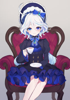 1girl absurdres ahoge alternate_costume armchair ascot black_dress blue_ascot blue_bonnet blue_bow blue_eyes blue_gemstone blue_hair blue_pupils bonnet bow chair cup dress drop-shaped_pupils feet_out_of_frame frilled_sleeves frills furina_(genshin_impact) gem genshin_impact hair_between_eyes hair_bow hashtag-only_commentary heterochromia highres holding holding_cup holding_saucer kobato_(youyoshi0422) light_blush long_hair long_sleeves looking_at_viewer multicolored_hair on_chair saucer sitting smile solo streaked_hair symbol-shaped_pupils teacup twitter_strip_game very_long_hair white_bonnet white_hair