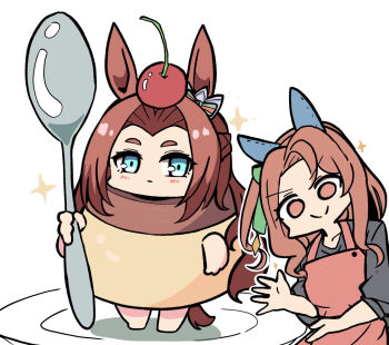 >:) 2girls animal_ears apron barefoot black_shirt blue_eyes blush bow brown_apron brown_eyes brown_hair cherry chibi closed_mouth ear_bow food forehead fruit green_bow holding holding_spoon horse_ears horse_girl horse_tail kawakami_princess_(umamusume) kawamochi_(kawauti919) king_halo_(umamusume) long_hair long_sleeves multiple_girls one_side_up parted_bangs plate pudding puffy_long_sleeves puffy_sleeves shirt short_eyebrows simple_background smile sparkle spoon standing tail thick_eyebrows umamusume v-shaped_eyebrows white_background