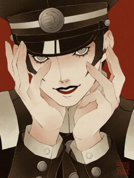 Rule 34 | 1boy, black hair, devil summoner: raidou kuzunoha vs the soulless army, devil summoner (series), gakuran, grey eyes, hands up, hat, highres, kuzunoha raidou, looking at viewer, male focus, parted lips, pertex 777, portrait, red background, red lips, school uniform, shako cap, short hair, sideburns, smile, solo, very short hair, yumizuki imperial high school uniform