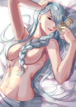 1girl banknote bed braid braided_bangs breasts hair_over_breasts hair_over_eyes hair_over_face highres jujutsu_kaisen large_breasts long_hair lying mei_mei_(jujutsu_kaisen) midriff money navel red_lips smile tuyukusa_sora upper_body white_hair