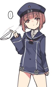 ... 1girl black_neckerchief blue_dress blue_hat blue_sailor_collar brown_eyes brown_hair clothes_writing cowboy_shot dress hat holding holding_panties holding_underwear holding_unworn_clothes kantai_collection long_sleeves looking_at_viewer microdress nakadori_(movgnsk) neckerchief panties panties_around_one_finger sailor_collar sailor_dress sailor_hat short_dress short_hair simple_background solo spoken_ellipsis twirling_panties underwear unworn_panties white_background z3_max_schultz_(kancolle)