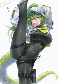 1girl absurdres arknights arknights:_endfield arm_behind_head black_bodysuit blowing_bubble_gum blush bodysuit breasts chewing_gum covered_navel cropped_jacket fingerless_gloves fluorite_(arknights) gloves green_eyes green_hair hair_between_eyes highres hood hood_up jacket long_hair long_sleeves looking_at_viewer open_clothes open_jacket ponytail simple_background slit_pupils snake_tail solo split standing standing_on_one_leg standing_split tail uof white_background white_jacket