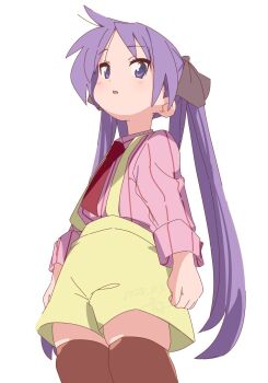 1girl 2025 black_bow blue_eyes bluearcadegames bow brown_thighhighs dated hair_bow highres hiiragi_kagami long_hair lucky_star necktie pink_shirt pinstripe_pattern pinstripe_shirt purple_hair red_necktie shirt shorts simple_background suspender_shorts suspenders thighhighs tsurime twintails white_background yellow_shorts