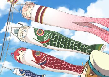 Rule 34 | 4girls, = =, ahoge, batsubyou, blonde hair, blue eyes, blue sky, brown hair, children's day, day, engiyoshi, error musume, flower, hair flower, hair ornament, hat, i-168 (kancolle), i-58 (kancolle), kantai collection, kodomo no hi, koinobori, multiple girls, pink hair, ponytail, red hair, sailor hat, short hair, sky, u-511 (kancolle), windsock