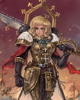 1girl absurdres adepta_sororitas armor belt blonde_hair breasts chainsword coco_schoppenboer cross crossover fleur-de-lis highres holding holding_jewelry holding_necklace holding_weapon jewelry looking_at_viewer medium_breasts medium_hair necklace ongezellig pauldrons power_armor scar shoulder_armor skull solo the_devil_chewing_gum waist_cape warhammer_40k weapon yellow_eyes
