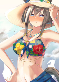 1girl absurdres animal_ears arm_up armpits bikini blue_bikini blue_eyes blue_sarong blush breasts brown_hair brown_hat brown_tail cheval_grand_(umamusume) cleavage cloud cloudy_sky commentary_request cosplay embarrassed floral_print floral_print_bikini hair_between_eyes hand_on_own_hip hat highres horse_ears horse_girl horse_tail jewelry kichi_tik large_breasts multicolored_hair navel necklace nose_blush outdoors print_bikini sarong satono_crown_(sunny_island_splendor)_(umamusume) satono_crown_(umamusume) satono_crown_(umamusume)_(cosplay) short_hair short_hair_with_long_locks sidelocks sky streaked_hair sun_hat sweat swimsuit tail umamusume upper_body white_hair white_streaks