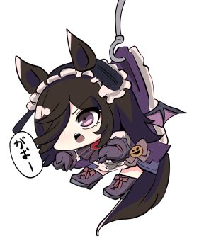 1girl animal_ears black_boots black_gloves black_hair boots bow brown_bow gloves hair_over_one_eye high_heel_boots high_heels highres hook horse_ears horse_girl kawamochi_(kawauti919) long_hair mini_person minigirl pink_wings puffy_short_sleeves puffy_sleeves purple_eyes purple_skirt rice_shower_(make_up_vampire!)_(umamusume) rice_shower_(umamusume) shirt short_sleeves simple_background skirt solo striped_bow translated umamusume very_long_hair white_background white_shirt wings