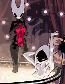 2girls arm_up arthropod_girl bathing bathtub black_skin breasts colored_skin curtains hair_down highres hollow_knight hollow_knight:_silksong hornet_(hollow_knight) lace_(hollow_knight) multiple_girls naked_towel nude partially_submerged shantysixix shared_bathing steam towel