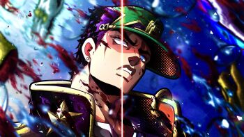 1boy 1other black_hair blood blood_on_face blood_splatter blue_eyes chain earrings gold_chain hat high_collar highres jacket jewelry jojo_no_kimyou_na_bouken kuujou_joutarou made_in_heaven_(stand) male_focus noonvincent purple_hair purple_hat purple_jacket split_screen split_theme stand_(jojo) star_pin stone_ocean stud_earrings teeth white_eyes