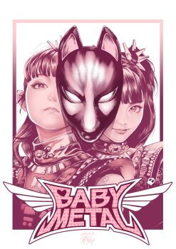 Rule 34 | 2girls, babymetal, border, copyright name, dated, fox mask, hair behind ear, highres, hiraoka koushi, kikuchi moa, logo, looking at viewer, mask, monochrome, multiple girls, nakamoto suzuka, one eye covered, pink border, pink theme, ponytail, real life, signature, smile, twintails, white background