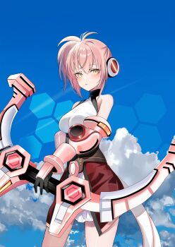 1girl :o absurdres bare_shoulders black_gloves bow_(weapon) breasts chiemo_(xcem) cloud cloudy_sky commentary commission cosmic_break english_commentary gloves highres holding holding_bow_(weapon) holding_weapon looking_at_viewer medium_breasts melfi pink_hair sky weapon yellow_eyes