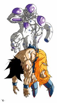 2boys battle_damage black_hair blue_boots boots commentary_request dragon_ball dragonball_z frieza full_body full_power_frieza highres kakeru_(dbskakeru) male_focus medium_hair multiple_boys muscular muscular_male orange_pants pants simple_background son_goku spiked_hair topless_male torn_clothes torn_pants white_background white_hair
