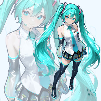 1girl absurdres aqua_eyes aqua_hair aqua_necktie bare_shoulders black_thighhighs breasts collarbone collared_shirt detached_sleeves hatsune_miku highres long_hair looking_at_viewer microphone necktie pleated_skirt shirt skirt small_breasts smile solo standing thighhighs twintails very_long_hair vocaloid white_background white_shirt wuhe2233pz zettai_ryouiki zoom_layer