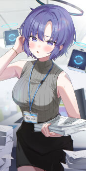 1girl absurdres alternate_costume alternate_hair_length alternate_hairstyle bare_shoulders black_halo black_skirt blue_archive blue_eyes blue_hair blush bracelet brown_sweater commentary_request drone halo highres holding holding_paper jewelry lanyard looking_at_viewer mechanical_halo miniskirt momomoi_momoi open_mouth paper paper_stack pencil_skirt short_hair skirt sleeveless sleeveless_sweater solo sweater yuuka_(blue_archive)