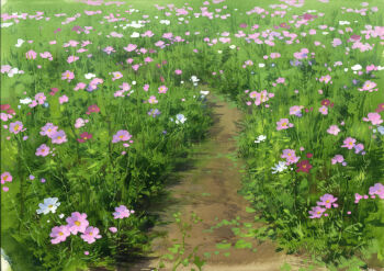 absurdres day flower grass highres masuyama_osamu no_humans original path pink_flower plant purple_flower road scenery shadow sunlight white_flower