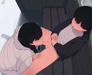 1boy 1girl age_difference akiyama_fumika_(pepper0) black_eyes black_hair black_jacket bottomless braid brother_and_sister censored elder_sister_(pepper0) fellatio hetero highres incest jacket looking_at_penis mosaic_censoring motion_lines onee-shota oral original penis pepper0 shirt short_hair shota siblings sitting squatting twin_braids white_jacket white_shirt