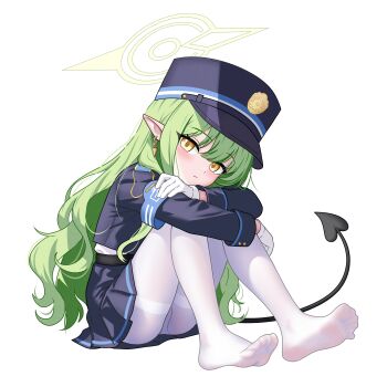 1girl absurdres armband belt black_belt black_hat black_jacket black_skirt blue_archive blue_armband blush closed_mouth commentary_request demon_girl demon_tail earrings eyes_visible_through_hair feet full_body gloves green_hair green_halo hair_between_eyes halo hat highres hikari_(blue_archive) hugging_own_legs jacket jewelry legs long_hair long_sleeves looking_at_viewer miniskirt no_shoes nyatako panties panties_under_pantyhose pantyhose peaked_cap pleated_skirt pointy_ears simple_background sitting skirt soles solo tail thighband_pantyhose thighs toes tsurime underwear very_long_hair wavy_hair white_background white_gloves white_panties white_pantyhose yellow_eyes