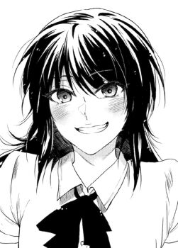 Rule 34 | 1girl, blush, character request, commentary, copyright request, english commentary, enjelicious, greyscale, grin, hatching (texture), long hair, looking at viewer, md5 mismatch, monochrome, portrait, shirt, smile, solo