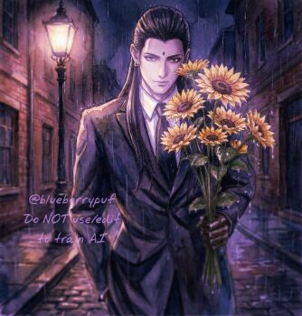 Rule 34 | 1boy, bindi, black gloves, black hair, black jacket, black necktie, black pants, black suit, blurry, blurry background, bouquet, brown eyes, closed mouth, cobblestone, collared shirt, earrings, final fantasy, final fantasy vii, flower, formal clothes, gloves, hair slicked back, hand in pocket, highres, holding, holding bouquet, jacket, jewelry, lamppost, light smile, looking at viewer, male focus, monsterbf1ilove, necktie, outdoors, pants, rain, shirt, solo, suit, suit jacket, sunflower, tseng, twitter username, upper body, white shirt, yellow flower