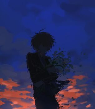 1boy akinashi_haru bouquet cloud commentary_request cowboy_shot dark flower guzi15613491 hand_on_own_opposite_hip highres holding holding_bouquet no_eyes saihate_eki sketch solo sunset wind